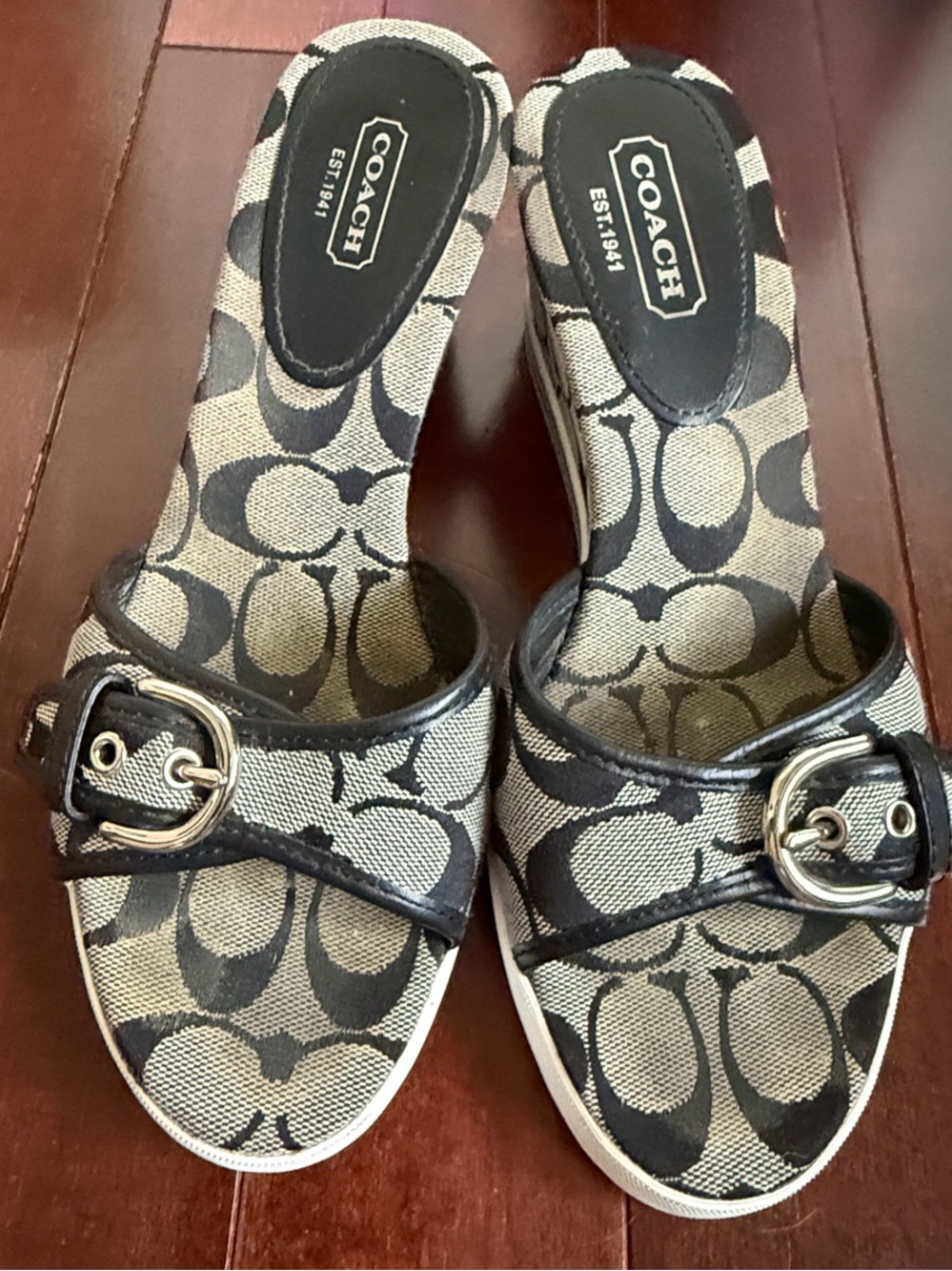 Coach Black and White Signature Slide Wedge with Buckle